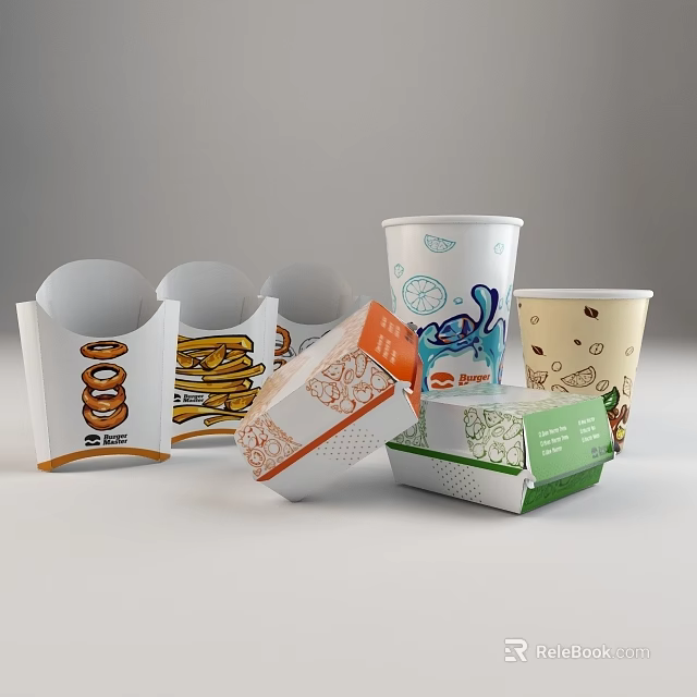 Decorative Paper Packaging Ornamental Set With Assorted Fry Boxes Cups And Containers 3d model