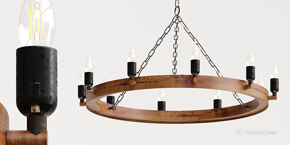Wooden Circular Chandelier With Black Candle Holders Candle Style Bulbs And Chain Suspension 3d model 