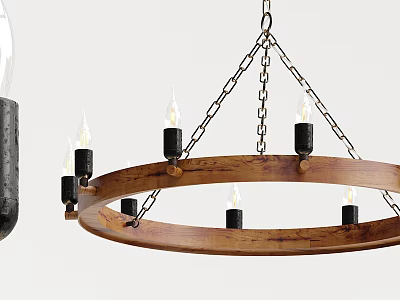 Wooden Circular Chandelier With Black Candle Holders Candle Style Bulbs And Chain Suspension 3d model