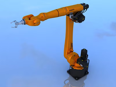 Smart Industrial Robotic Arm With Orange Body Blue Sky Background And Gripper 3d model