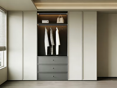 Modern Minimalist Wardrobe With Open Shelf Hanging Clothes Drawers And Handbag 3d model