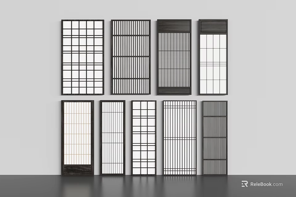 Modern Sliding Doors Showcasing Various Grille Designs and Frame Patterns in Minimalist Setting 3d model