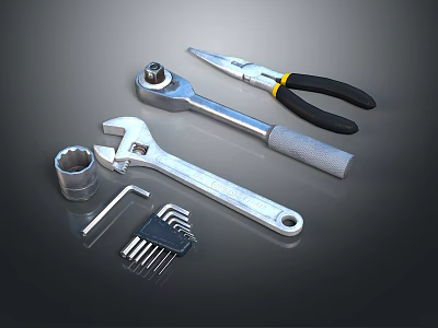 Essential Hardware Tools Collection Featuring Adjustable Wrench Pliers Socket And Hex Keys 3d model