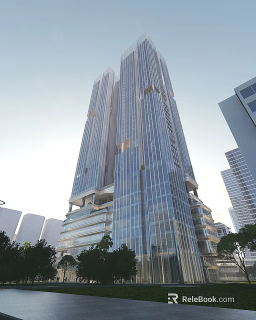Modern High Rise Office Building With Glass Facade And Urban Surrounding Greenery 3d model 