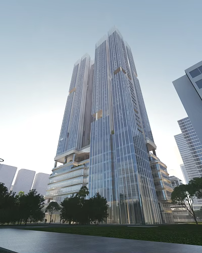 Modern High Rise Office Building With Glass Facade And Urban Surrounding Greenery 3d model