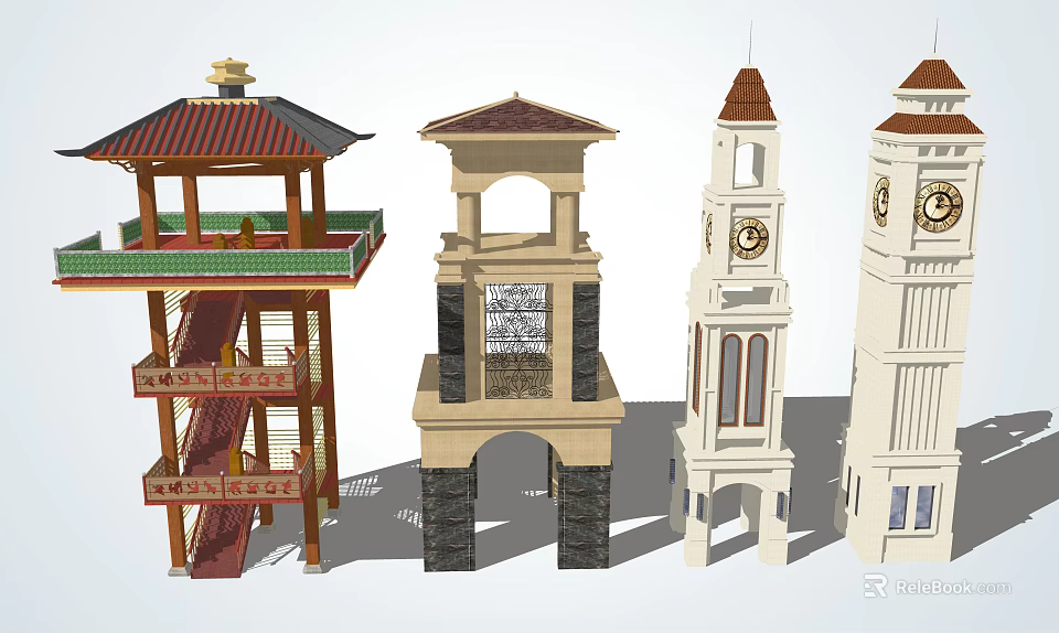 Diverse Tower Architectural Styles Featuring Clock Tower And Traditional Design Elements 3d model 