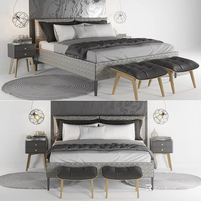 Modern Double Bed With Nightstands Bench Area Rug And Pendant Lights 3d model 