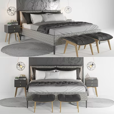 Modern Double Bed With Nightstands Bench Area Rug And Pendant Lights 3d model