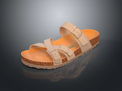 Beige Crisscross Strap Sandals With Cork Sole And Buckle Closure Design 3d model