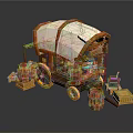 Cartoon Covered Wagon In A Scene With Barrels Crates And Supplies