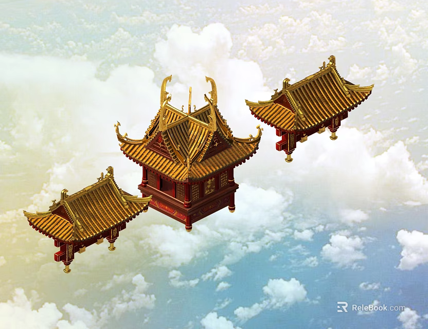 Chinese Ancient Architecture with Golden Roofs Floating in Clouds and Ornate Eaves 3d model 