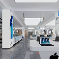 Spacious Digital Store Interior With Glass Display Counters Hanging Billboards And Tech Products 3d model