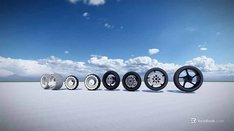 Car Tires With Various Stylish Designs Arranged On White Ground Under Cloudy Blue Sky 3d model 