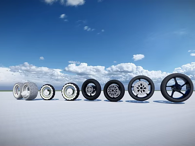 Car Tires With Various Stylish Designs Arranged On White Ground Under Cloudy Blue Sky 3d model