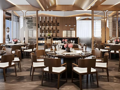 Modern Restaurant Interior Design With Round Tables Wooden Chairs Flower Decorations And Pendant Lights 3d model