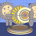 Mechanical Gear Components Display With Metal Gears And Blue Pixelated Background