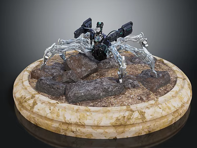 Detailed Character Riding Mechanical Spider Creature Model With Rock Display Base 3d model