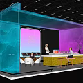 Modern Exhibition Booth With Blue Purple Neon Lights Transparent Structure Bar Counter Staff And Plants