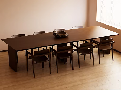 Modern Long Wooden Dining Table With Matching Chairs In Bright Indoor Space 3d model