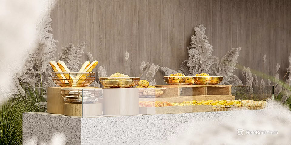 Cozy Dessert Shop Display Area With Bread Baskets Assorted Breads And Decorative Plants 3d model 