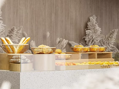 Cozy Dessert Shop Display Area With Bread Baskets Assorted Breads And Decorative Plants 3d model