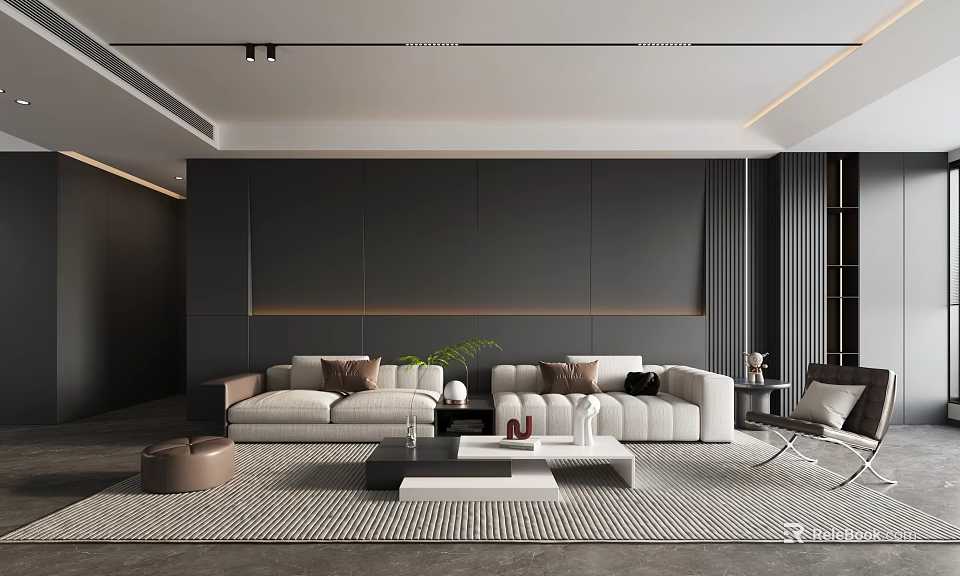 Modern Living Room Interior Design With Gray Wall Beige Sofa And Coffee Table 3d model