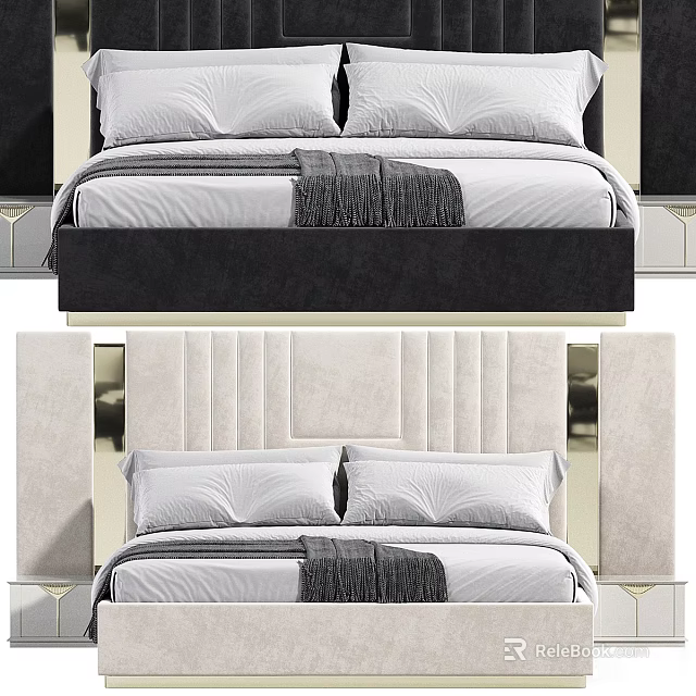 Modern Double Bed With Vertical Stripe Padded Headboard White Pillows And Gray Throw Blanket 3d model 