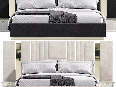 Modern Double Bed With Vertical Stripe Padded Headboard White Pillows And Gray Throw Blanket 3d model