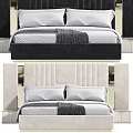 Modern Double Bed With Vertical Stripe Padded Headboard White Pillows And Gray Throw Blanket