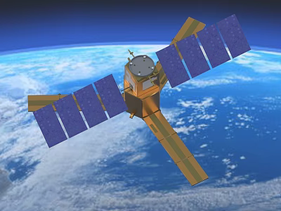 Space Satellite With Solar Panels And Antenna Orbiting Earth Blue Planet 3d model