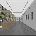 Modern Elevator Hallway Interior Design With White Walls Black Framed Artworks Wooden Decor And Ceiling Lighting