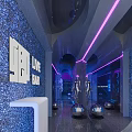 Modern Bar Interior Design With Purple Blue Neon Lights And Sparkling Wall Decor