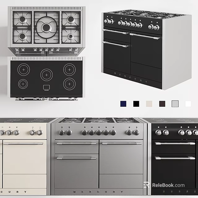 Kitchen Cookware Featuring Different Gas Electric Stoves Oven Designs And Color Options 3d model 