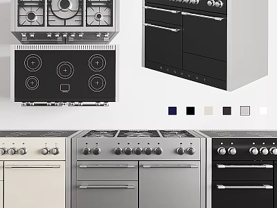 Kitchen Cookware Featuring Different Gas Electric Stoves Oven Designs And Color Options 3d model