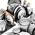Stainless Steel Kitchen Cookware Set With Pots Pans Plates Spoons Knives And Storage Rack