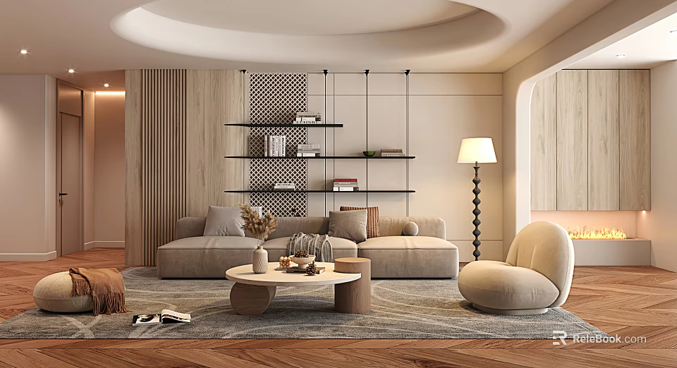 Modern Living Room Interior Design With Circular Curved Ceiling Black Metal Shelves And Beige Sofa 3d model 