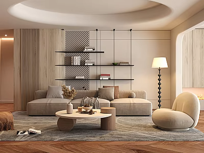 Modern Living Room Interior Design With Circular Curved Ceiling Black Metal Shelves And Beige Sofa 3d model