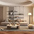 Modern Living Room Interior Design With Circular Curved Ceiling Black Metal Shelves And Beige Sofa