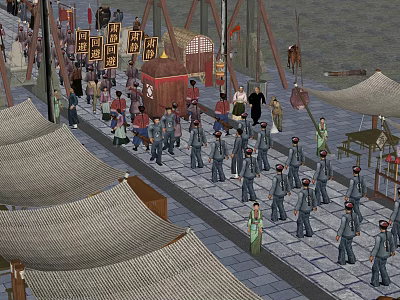 Traditional Chinese Commercial Street with Bustling Pedestrians and Ancient Style Shops 3d model
