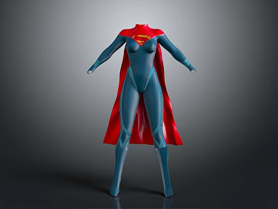 Detailed Female Superhero Character Costume with Blue Bodysuit and Red Cape 3d model