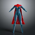 Detailed Female Superhero Character Costume with Blue Bodysuit and Red Cape