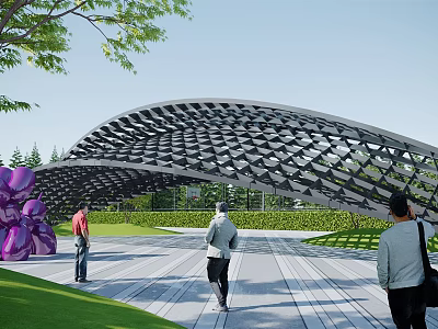Modern Curved Pergola with Geometric Lattice Design Surrounded by Green Lawns and Trees People Walking 3d model