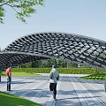 Modern Curved Pergola with Geometric Lattice Design Surrounded by Green Lawns and Trees People Walking