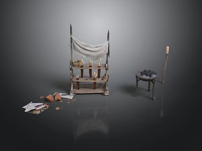 Ancient Style Display Stand With Cloth Drape Vessels Small Stool And Paper Fragments 3d model