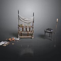 Ancient Style Display Stand With Cloth Drape Vessels Small Stool And Paper Fragments