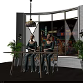 Cafe Interior Design With Brick Wall Large Window Night View Plants And Wall Lamps