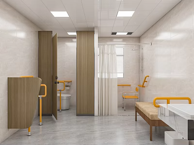 Public Toilet With Accessible Facilities Clean Cubicles Yellow Handrails Bench And Washbasin 3d model