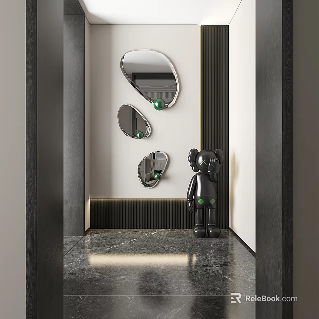 Modern Wall Decor With Irregular Mirrors And Black Sculpture In Marble Hallway 3d model 