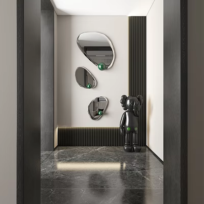 Modern Wall Decor With Irregular Mirrors And Black Sculpture In Marble Hallway 3d model
