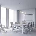 Modern Meeting Room With Wooden Conference Table Green Chairs Hanging Lights And TV Screen